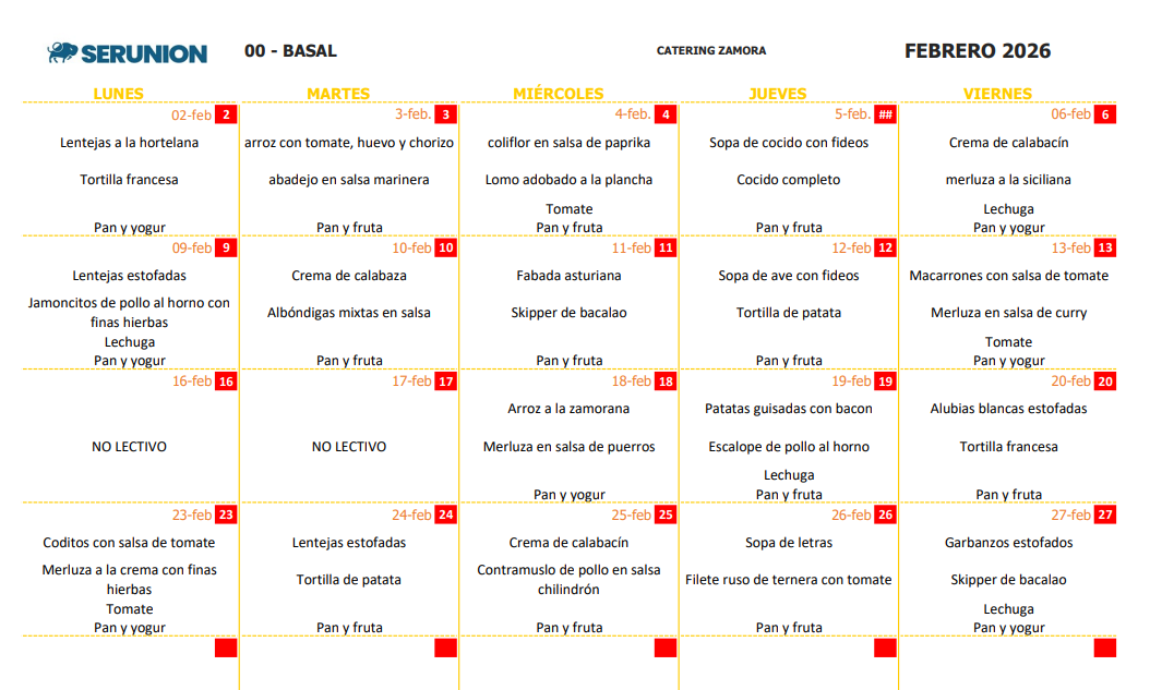 Menú febrero 2026 Menú febrero 2026